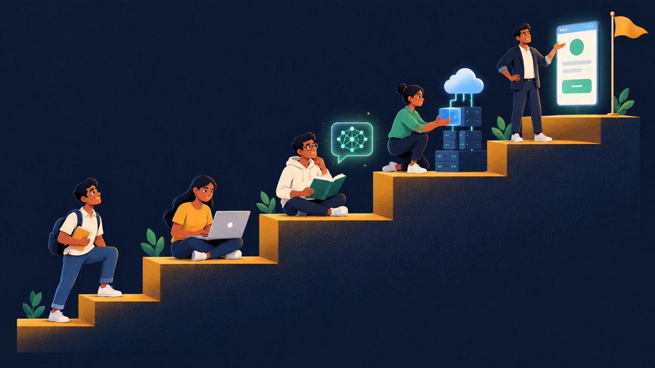 Students on a staircase, from a beginner with a notebook at the bottom to a professional presenting a working app at the top